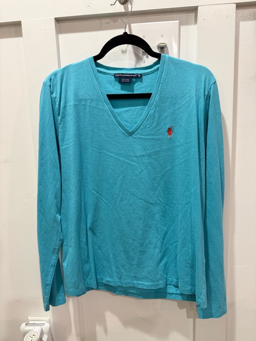 Ralph Lauren Long Sleeve V-Neck Shirt - Turquoise with Red Pony